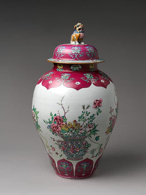 Jar with basket of auspicious flowers